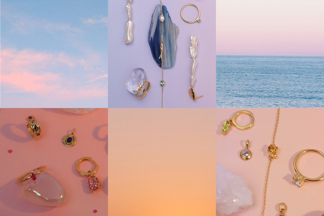 Collage of images including gemstone jewellery  and sunsets and  sunrises
