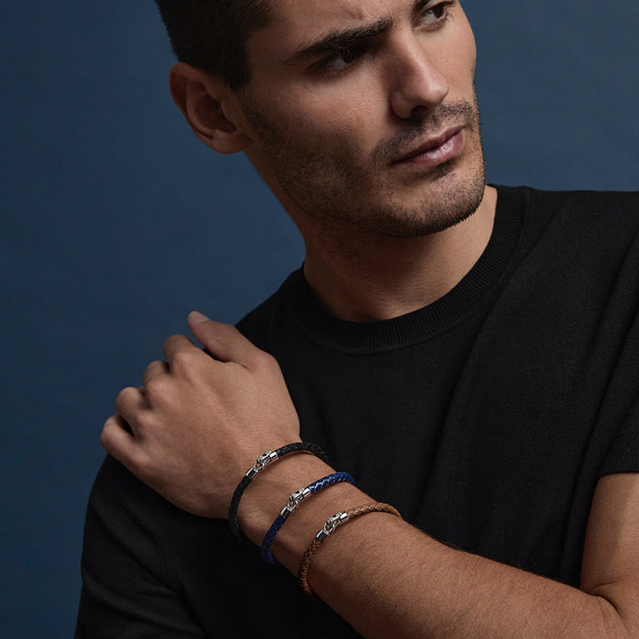 THE MARINER MENS PLAITED BLACK LEATHER BRACELET