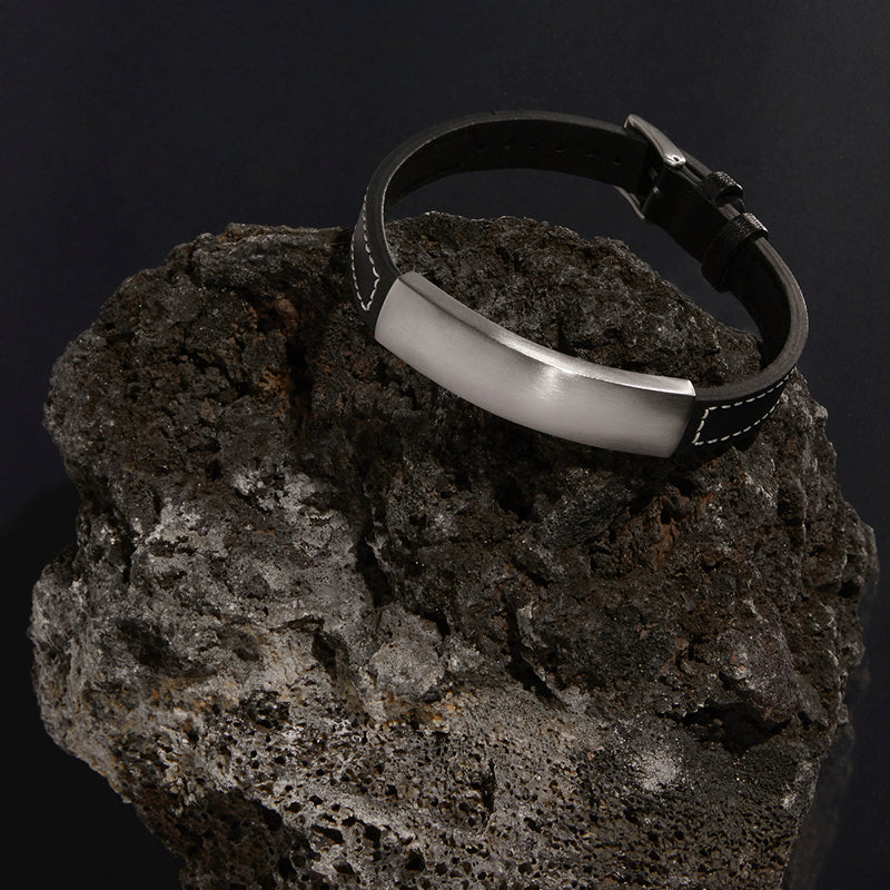 MEMENTO MENS LEATHER BUCKLE IDENTITY BRACELET