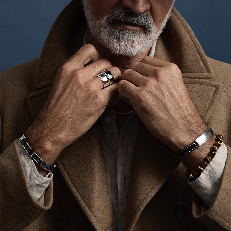 MEMENTO MENS LEATHER BUCKLE IDENTITY BRACELET