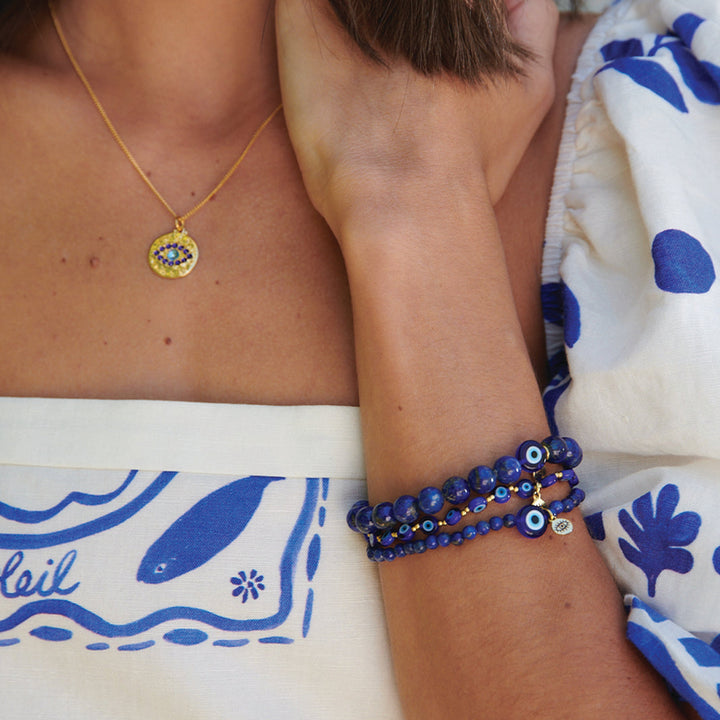 MATI EVIL EYE GLASS & BRASS BEAD BRACELET