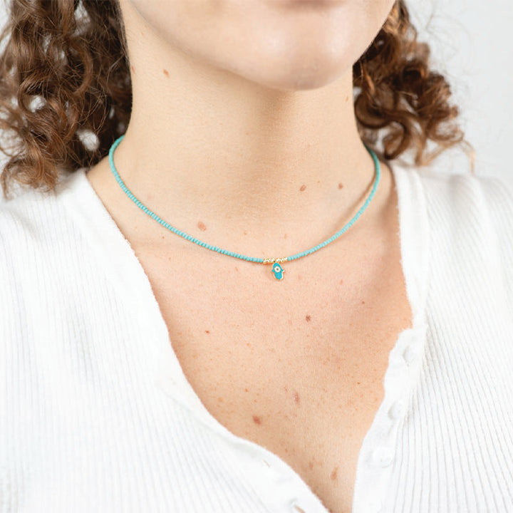 BEADED HAMSA HAND NECKLACE