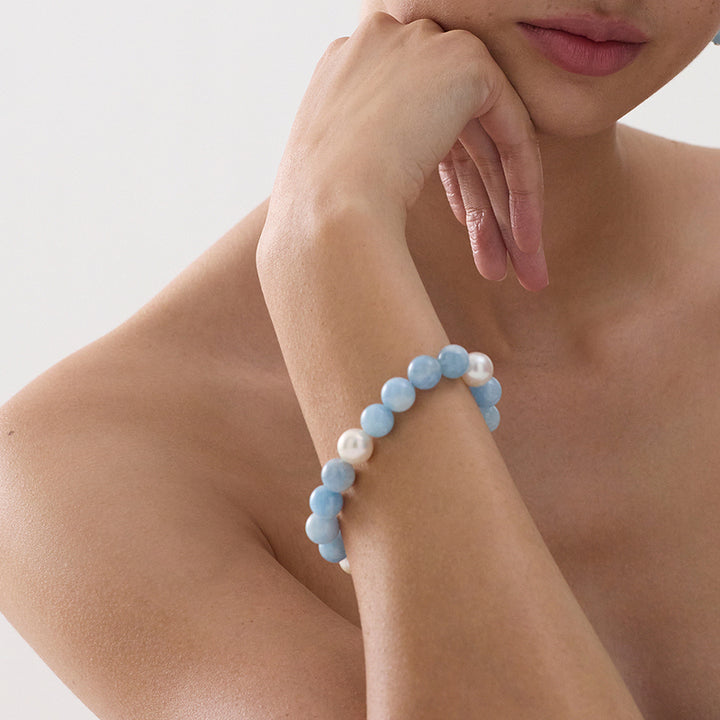 SUNSET AQUAMARINE & PEARL STRETCH BRACELET
