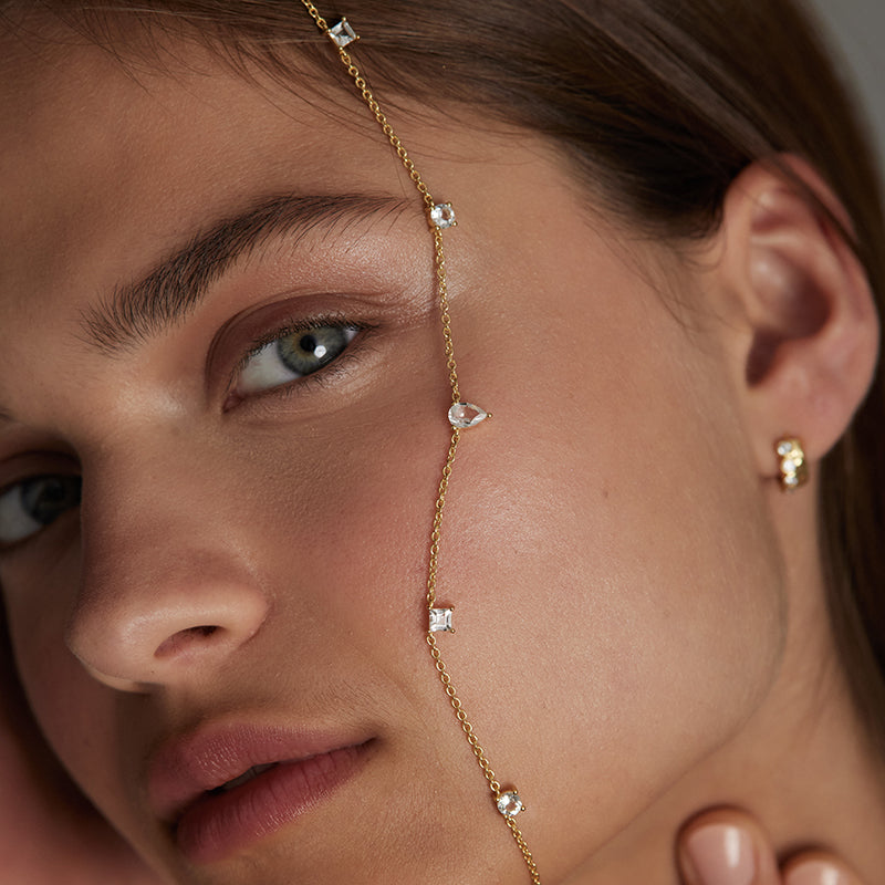 Close-up of a model wearing a delicate gold chain headpiece adorned with small clear stones, paired with matching stud earrings.