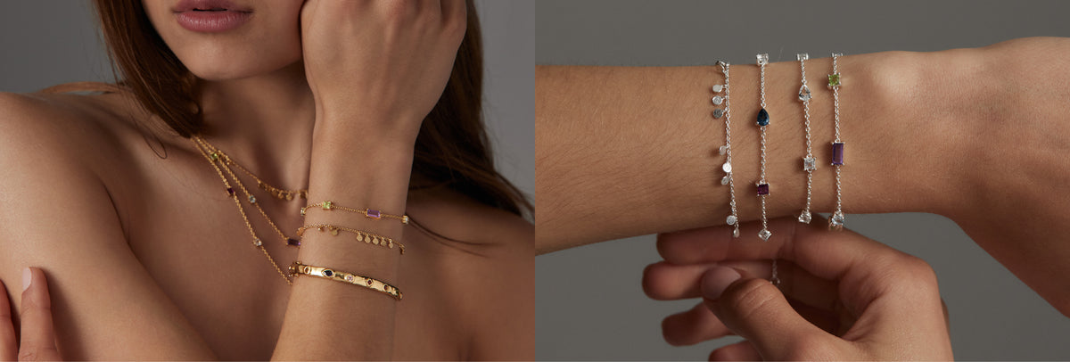 A split-screen lifestyle image showcasing delicate gold and silver bracelets with small colored gemstones worn on a model's wrist and hand against a neutral gray background.
