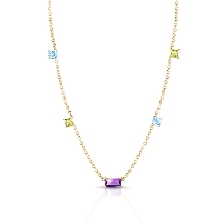 A delicate gold chain necklace featuring a central rectangular purple amethyst pendant and four small accent gemstones in light blue and yellow-green settings, displayed on a clean white background.