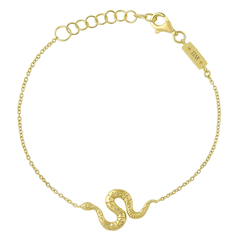 A delicate yellow gold chain bracelet featuring a small, detailed snake charm at the bottom center. The bracelet includes an adjustable link chain with a lobster clasp and a small rectangular brand tag engraved with 'STAR'.