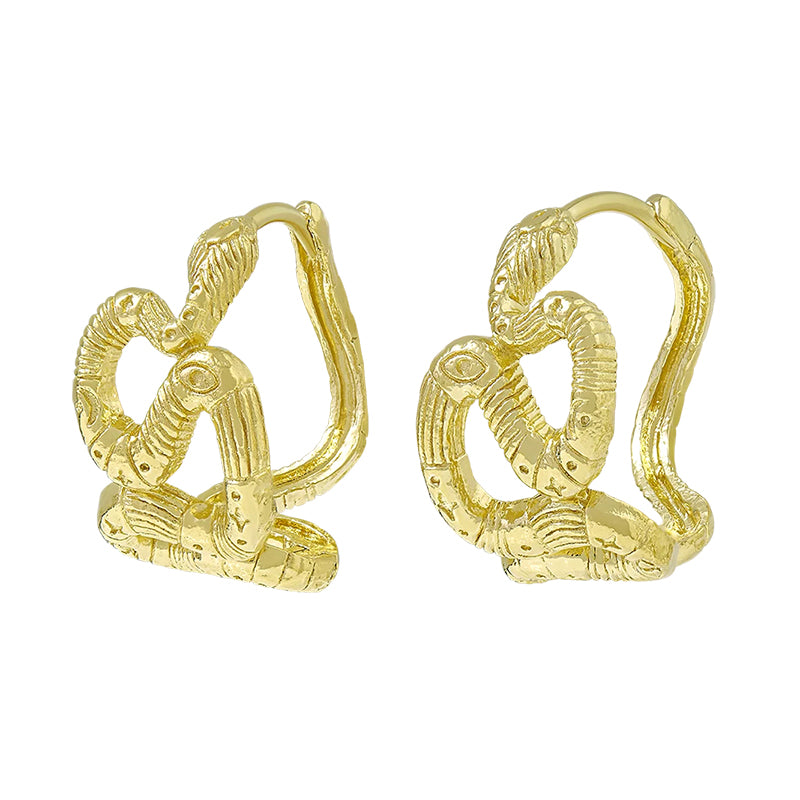 A pair of gold huggie hoop earrings with a textured, snake-like coiled design, shown on a plain white background.