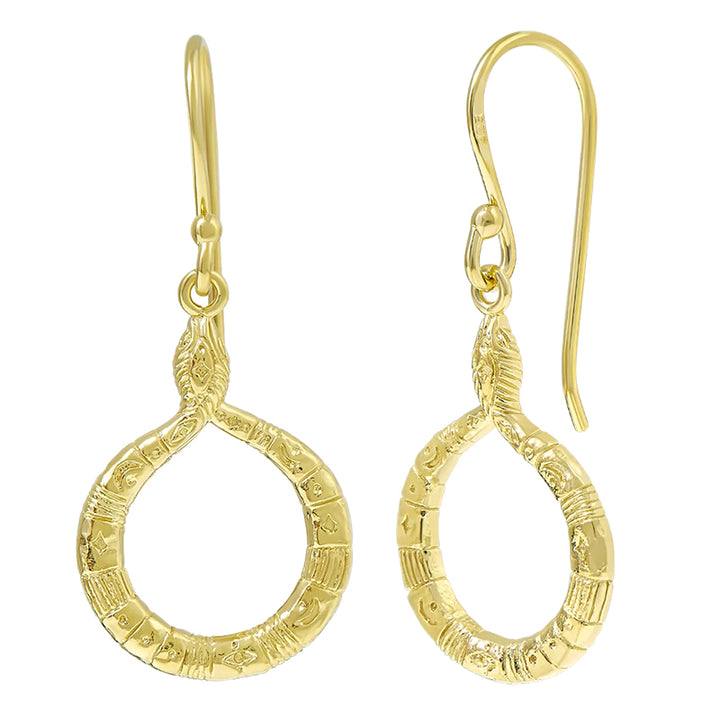 A pair of gold drop earrings with textured circular teardrop-shaped dangles and fishhook wires, shown on a plain white background.