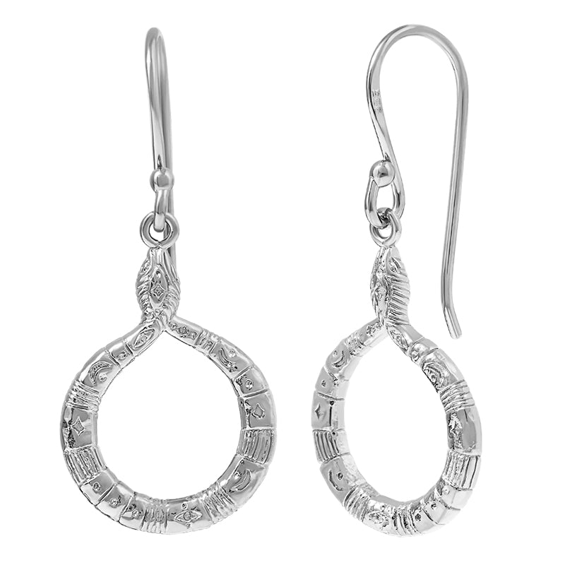 A pair of sterling silver dangle earrings with textured, engraved circular hoops and fishhook backings, shown against a plain white background.