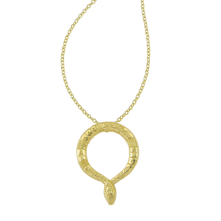 Gold serpent necklace with textured, engraved surface and a thin chain.