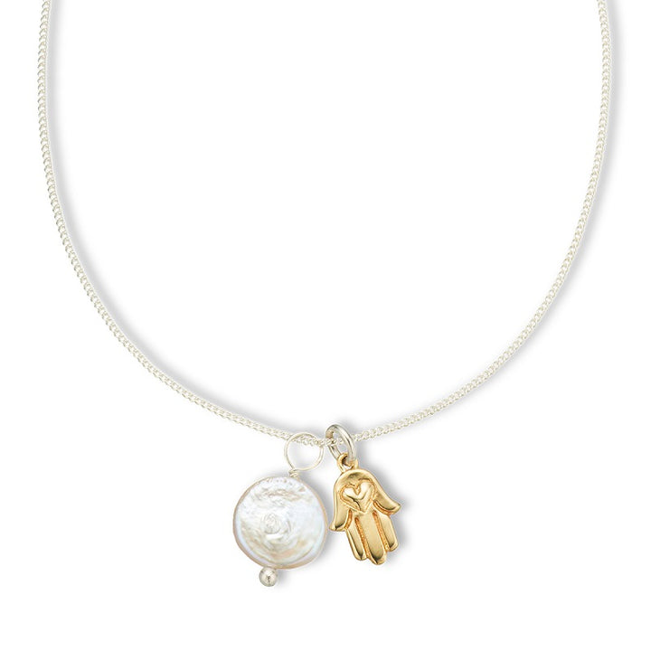 HAMSA AND PEARL AMULET NECKLACE